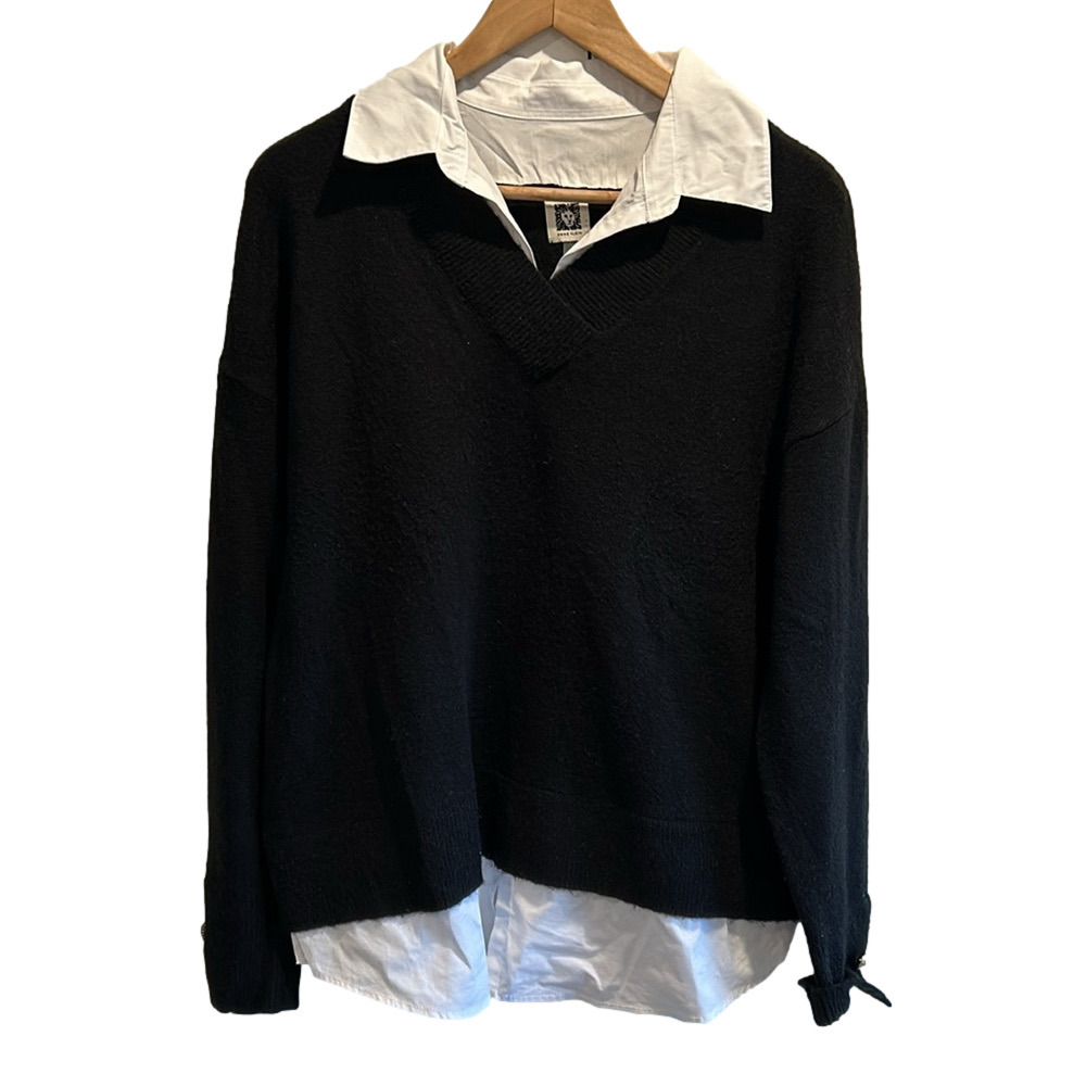 Anne Klein Black V-neck Sweater with Mock Layer White Under Shirt size Large